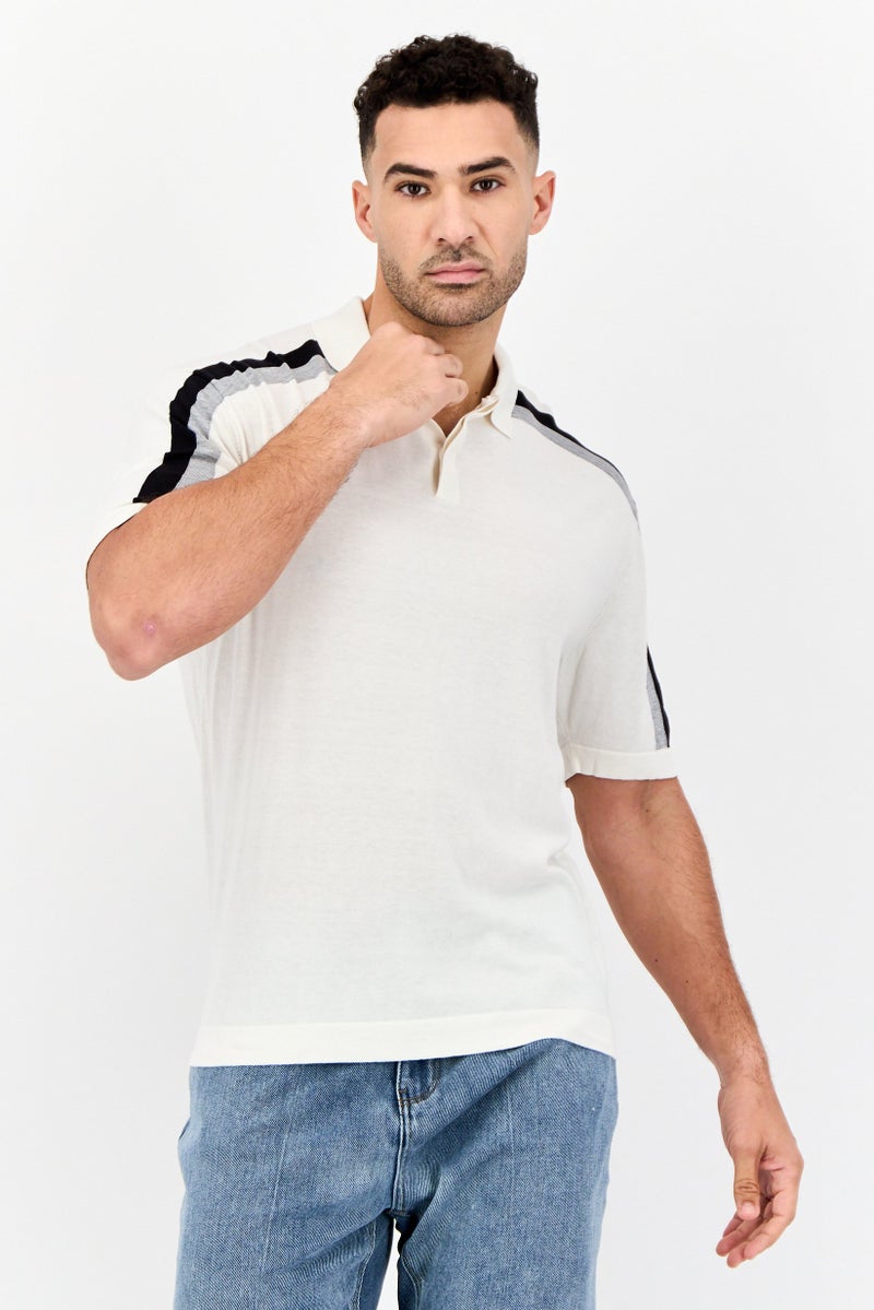 SELECTED Men Drop Shoulder Fit Colorblock Stripe Short Sleeves Polo Shirt, White - Image 1