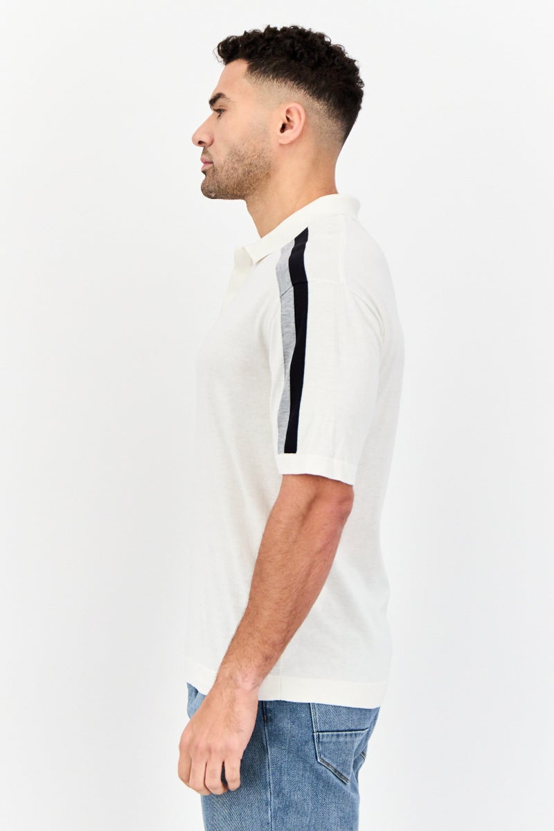 SELECTED Men Drop Shoulder Fit Colorblock Stripe Short Sleeves Polo Shirt, White - Image 4