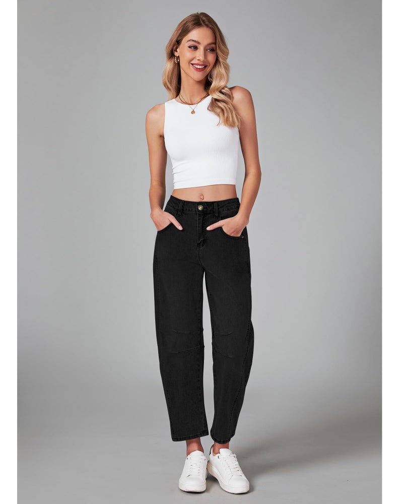 GRAPENT Barrel Jeans for Women Balloon Wide Leg Cropped Trendy Jeans Boyfriend High Waisted Jean Pants Casual Stretchy Summer Denim Trousers Color True Black X-Large Plus Size 16 to 18 - Image 4