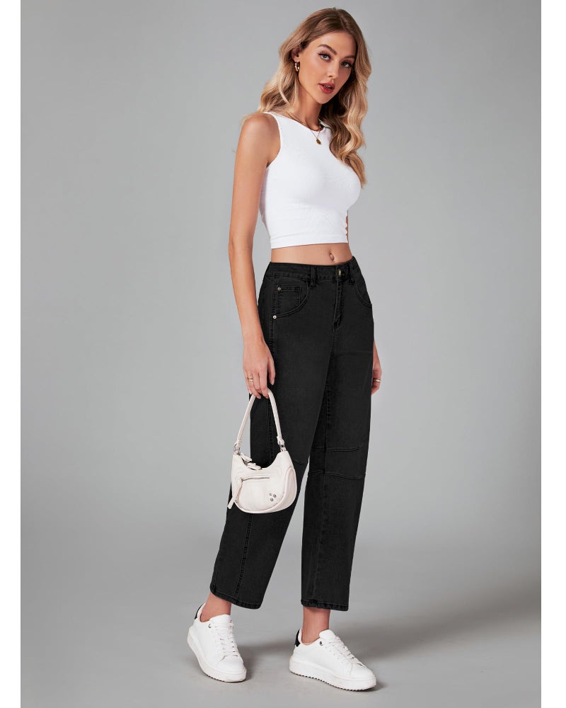 GRAPENT Barrel Jeans for Women Balloon Wide Leg Cropped Trendy Jeans Boyfriend High Waisted Jean Pants Casual Stretchy Summer Denim Trousers Color True Black X-Large Plus Size 16 to 18 - Image 5