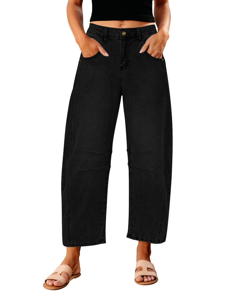 GRAPENT Barrel Jeans for Women Balloon Wide Leg Cropped Trendy Jeans Boyfriend High Waisted Jean Pants Casual Stretchy Summer Denim Trousers Color True Black X-Large Plus Size 16 to 18 - Image 1