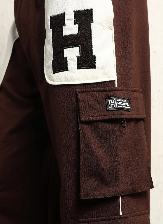 هوبرهولمي Men's Brown Cotton Blend Printed Full Length Cargo Regular Fit Trouser
