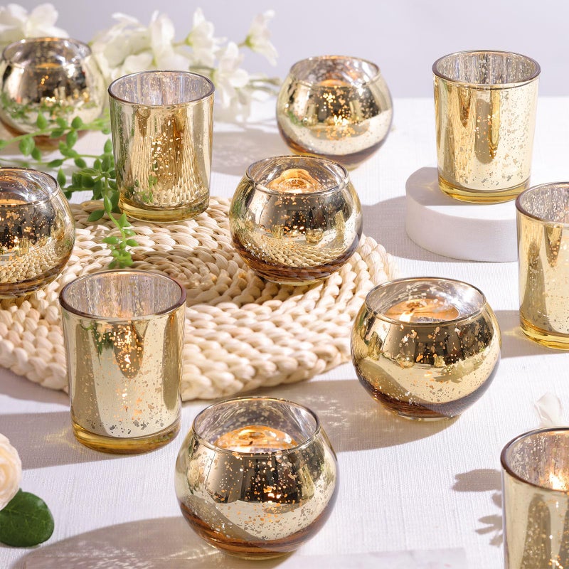 DEVI 12pcs Assorsted Gold Votive Candle Holders Gold Wedding Table Decorations for Home Party Mercury Glass Candle Holder for Tea Lights Wedding Bridal Shower Party Table Decorations