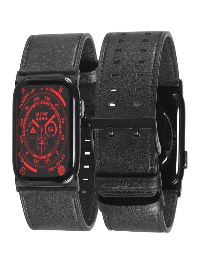 Tefeca Dual Series Band Compatible with Apple Watch Ultra 2/Ultra 49mm, Series 10 46mm, Series 9/8/7 45mm, SE2/SE/6/5/4 44mm (Black Leather with Black Adapters, 49/46/45/44mm) - Image 1