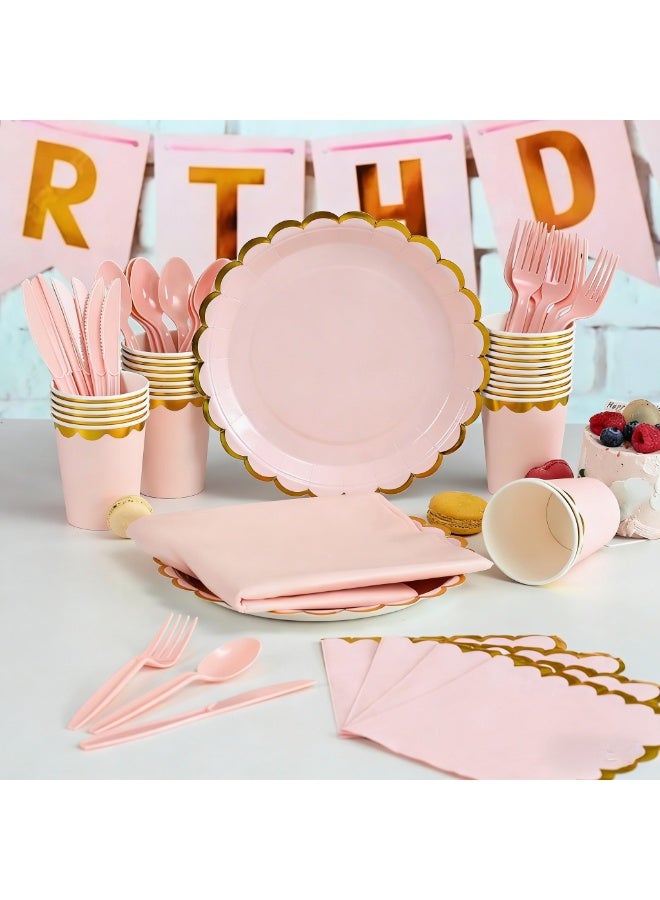 90 PCS Elegant Disposable Plates Party Set for 10 Guests - Party Supplies - Eco-Friendly Tableware - Suitable for Wedding, Birthday, Anniversary, Graduation Dinnerware Set (PINK GOLD) - Image 1