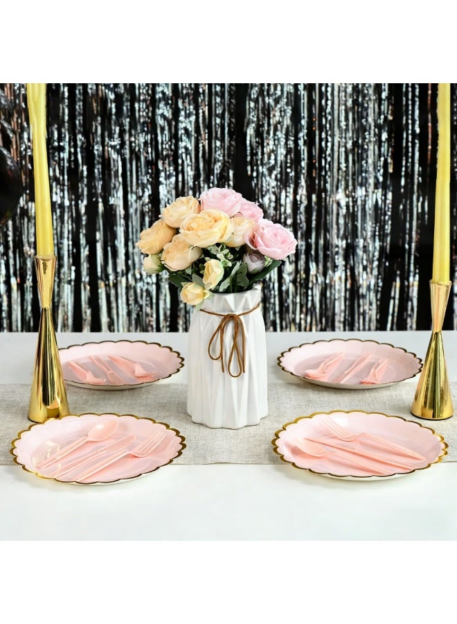 90 PCS Elegant Disposable Plates Party Set for 10 Guests - Party Supplies - Eco-Friendly Tableware - Suitable for Wedding, Birthday, Anniversary, Graduation Dinnerware Set (PINK GOLD) - Image 5