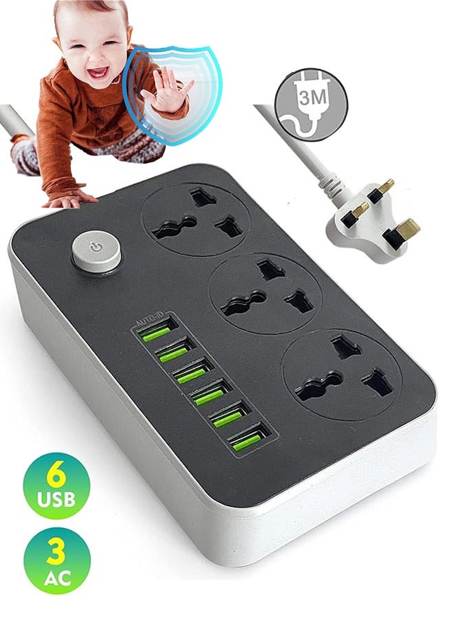 Power Strips Extension Cord 3 Outlets, Power Socket with 6 USB Ports Universal Charging Socket with 2M Bold Extension Cord  - Image 1