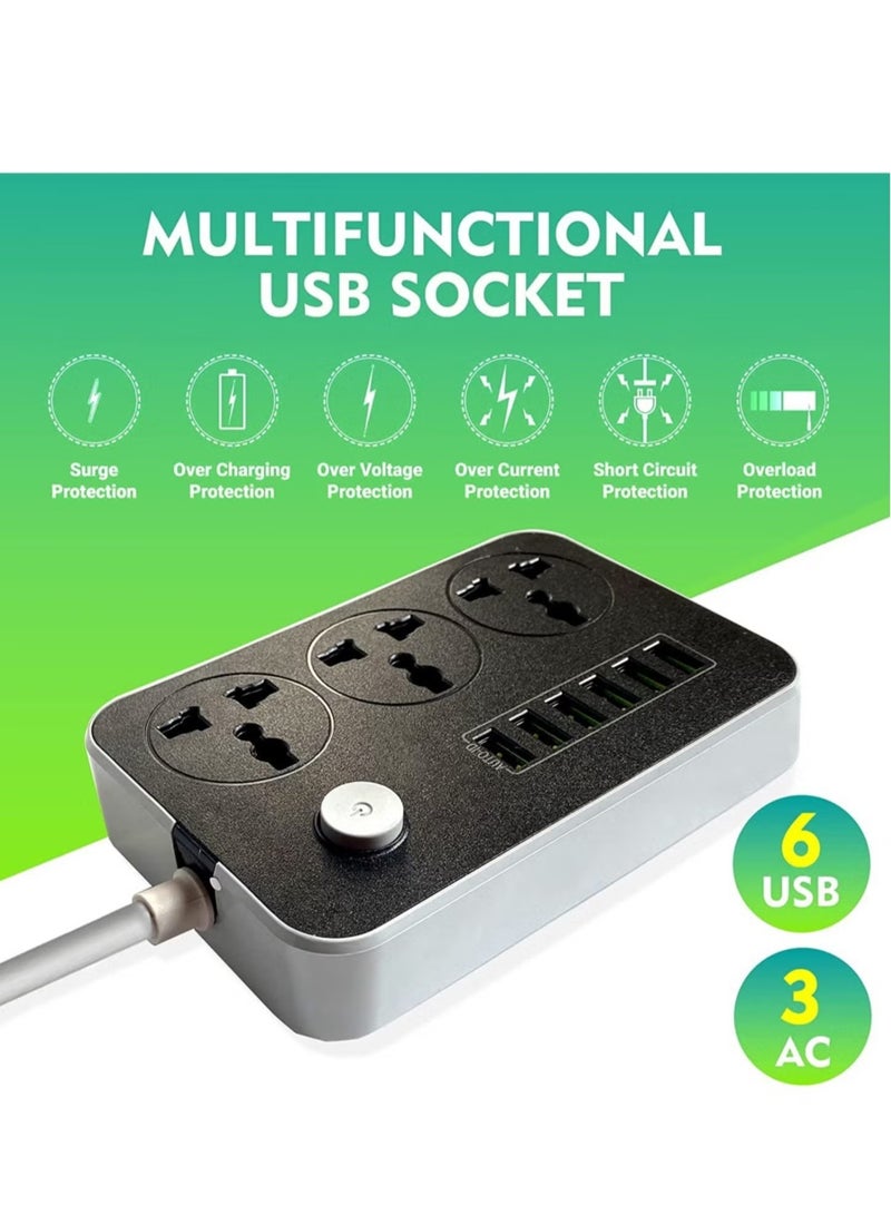 Power Strips Extension Cord 3 Outlets, Power Socket with 6 USB Ports Universal Charging Socket with 2M Bold Extension Cord  - Image 3