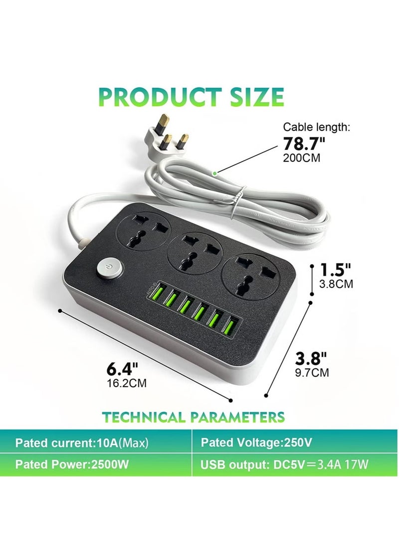 Power Strips Extension Cord 3 Outlets, Power Socket with 6 USB Ports Universal Charging Socket with 2M Bold Extension Cord  - Image 5