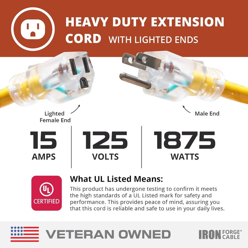 IRON FORGE CABLE Lighted Outdoor Extension Cords - 12/3 SJTW Heavy Duty Yellow Extension Cords - 5 Lengths to Choose From! 10 Foot Yellow IFC-123Y10 - Image 3