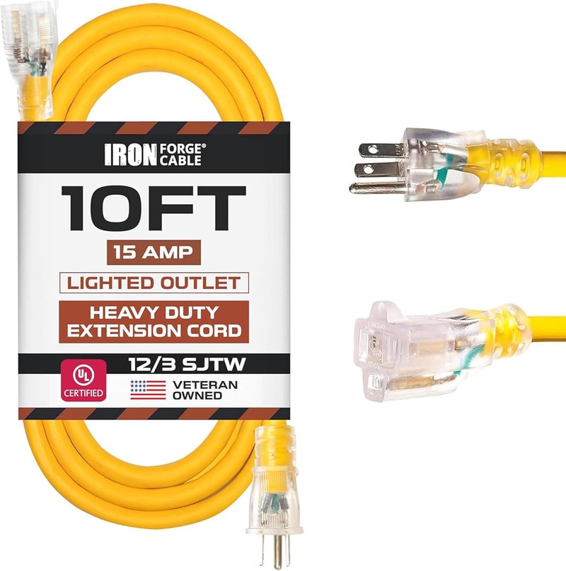IRON FORGE CABLE Lighted Outdoor Extension Cords - 12/3 SJTW Heavy Duty Yellow Extension Cords - 5 Lengths to Choose From! 10 Foot Yellow IFC-123Y10 - Image 1