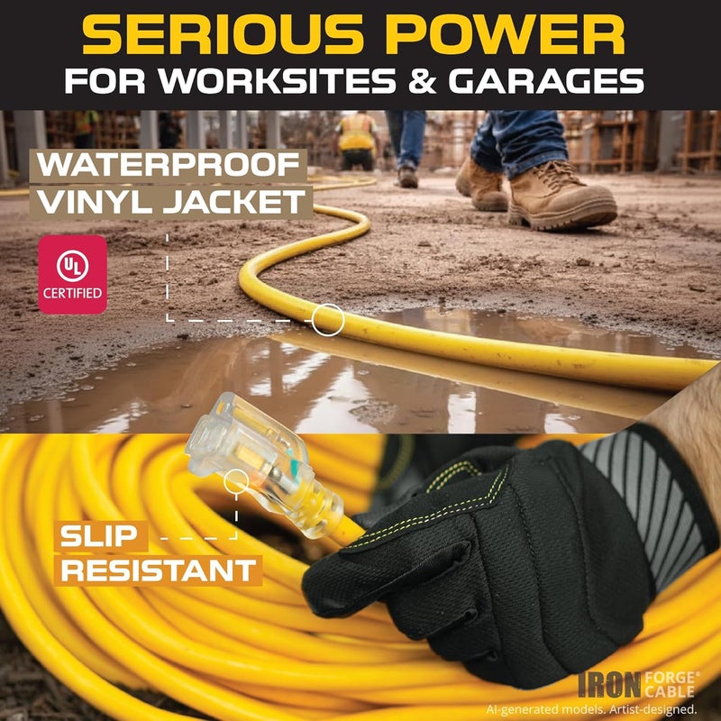 IRON FORGE CABLE Lighted Outdoor Extension Cords - 12/3 SJTW Heavy Duty Yellow Extension Cords - 5 Lengths to Choose From! 10 Foot Yellow IFC-123Y10 - Image 2