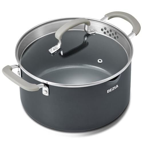 BEZIA 6 QT Nonstick Stock Pots with Lid, BEZIA Ceramic Soup Pot with Glass Straining Lid, Induction Cooking Pots with Silicone Handle, Compatible with All Cooktops, Dishwasher Safe - Image 1
