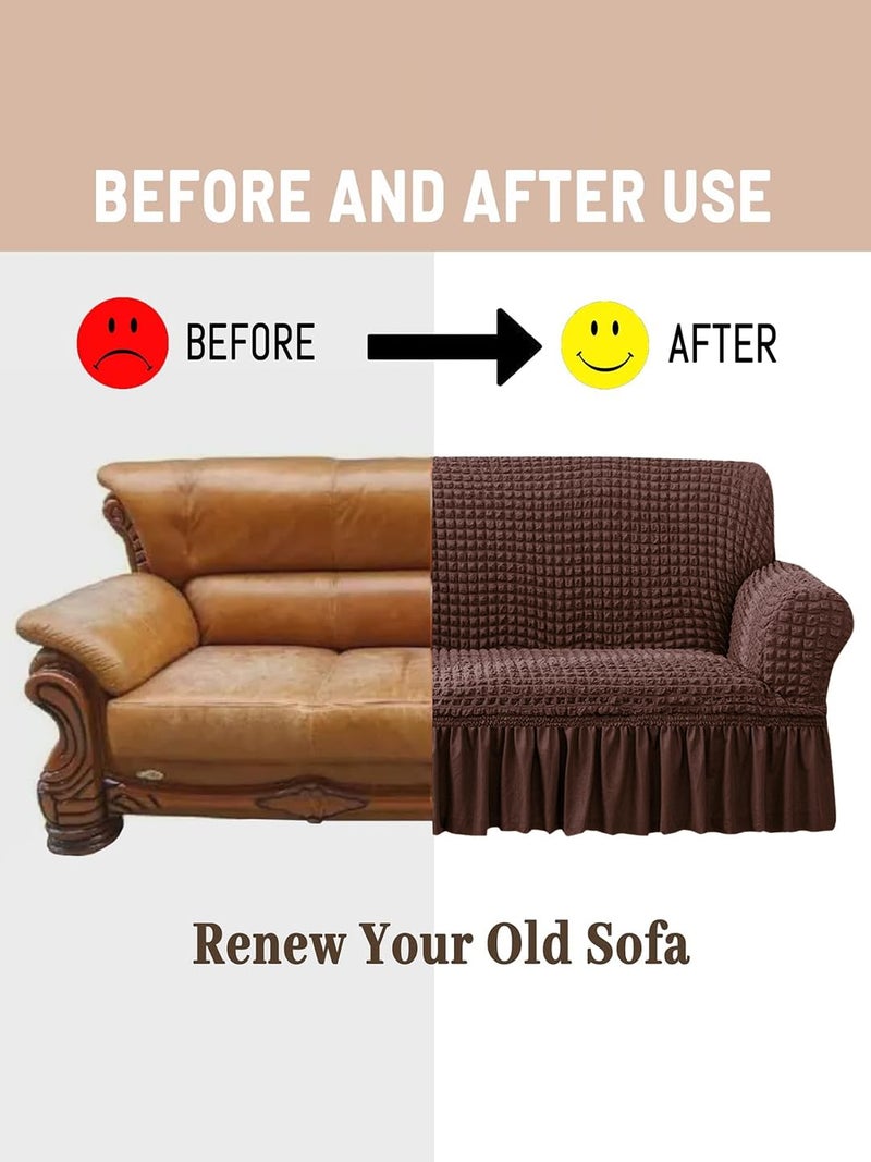 VORHANG Stretch Sofa Slipcover Easy Fitted Sofa Couch Cover with Skirt (Brown -2 Seater) Pack of 1 - Image 4