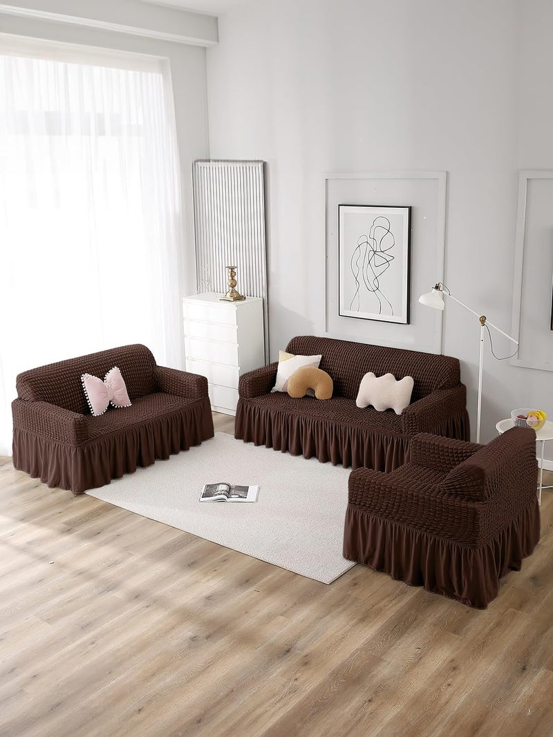 VORHANG Stretch Sofa Slipcover Easy Fitted Sofa Couch Cover with Skirt (Brown -2 Seater) Pack of 1 - Image 2