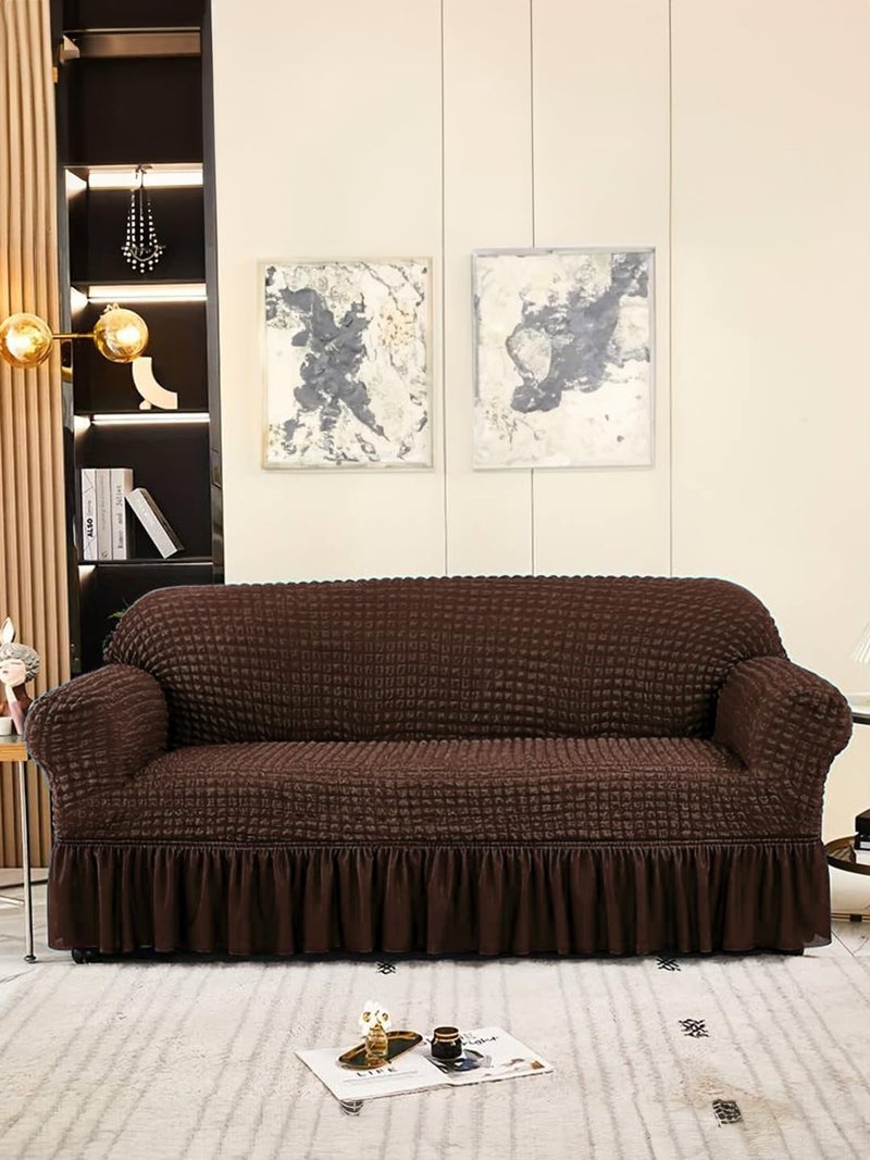 VORHANG Stretch Sofa Slipcover Easy Fitted Sofa Couch Cover with Skirt (Brown -2 Seater) Pack of 1 - Image 1