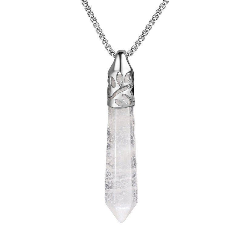 BEADNOVA Healing Crystal Necklace for Women Men White Quartz Pendant Energy Healing Gemstones Jewelry Pendulum Crystal Divination (Hexagonal, 18 Inches Stainless Steel Chain) - Image 1