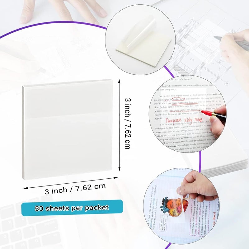GLUN® دفتر ملاحظات لاصق شفاف، 200 ورقة ملاحظات لاصقة ذاتية، 3x3 بوصة لاصقة للدراسة، عمل المخططات والكتابة - Image 2