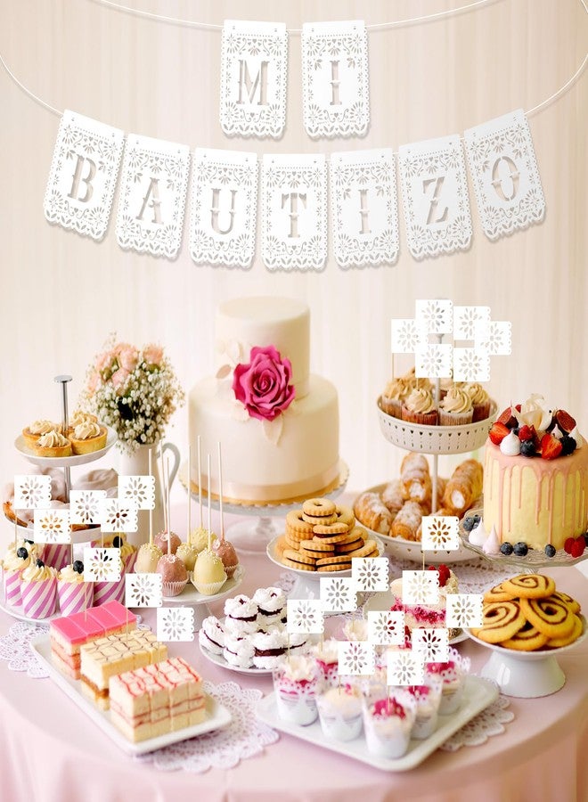 Marspark Mi Bautizo Banner with 24 Pcs Spanish Mi Bautizo Cake Topper White Papel Picado God Bless Banner First Holy Communion Baptism Party Decoration Kit Religious Christening Supplies - Image 3