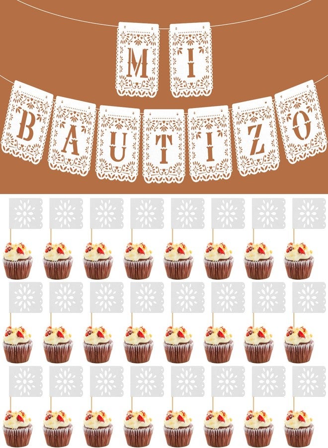 Marspark Mi Bautizo Banner with 24 Pcs Spanish Mi Bautizo Cake Topper White Papel Picado God Bless Banner First Holy Communion Baptism Party Decoration Kit Religious Christening Supplies - Image 1