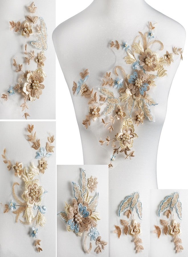 Silvora 6 PCS Flower Fabric Beaded Pearl Lace Applique, 3D Embroidered Patch for Dresses,Handmade Sewing Tool for DIY Neckline Bodice Pants(Gold-6) - Image 1
