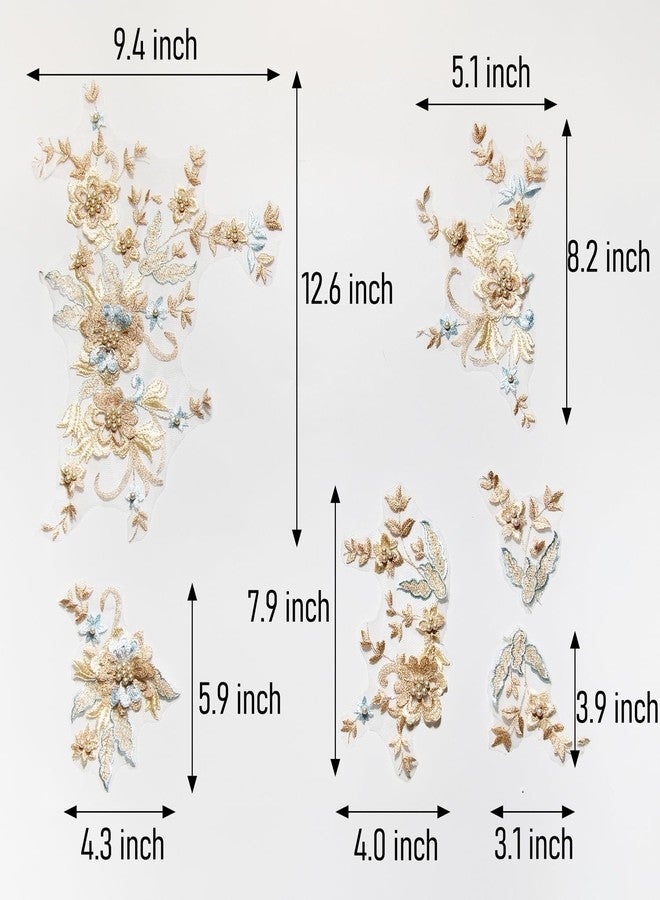 Silvora 6 PCS Flower Fabric Beaded Pearl Lace Applique, 3D Embroidered Patch for Dresses,Handmade Sewing Tool for DIY Neckline Bodice Pants(Gold-6) - Image 3