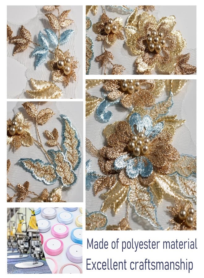 Silvora 6 PCS Flower Fabric Beaded Pearl Lace Applique, 3D Embroidered Patch for Dresses,Handmade Sewing Tool for DIY Neckline Bodice Pants(Gold-6) - Image 2