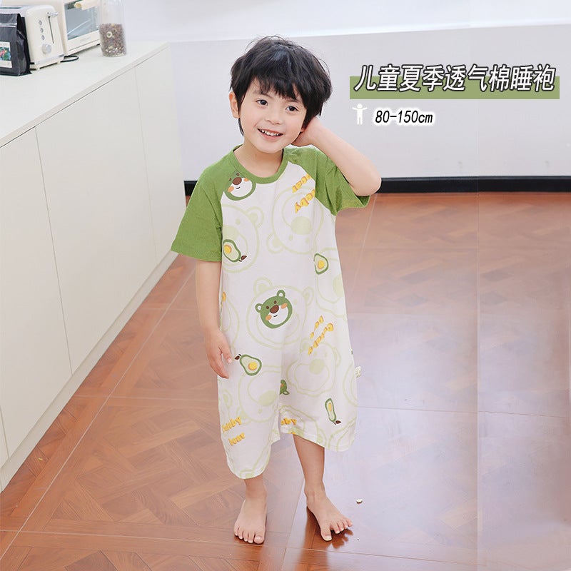 3-12-Year-Old Cuhk Summer Short-Sleeved Cotton Conjoined Belly-Protecting Leg Kick-Preventing Sleeping Bag 80-150Cm Comfortable Nightgown - Image 2