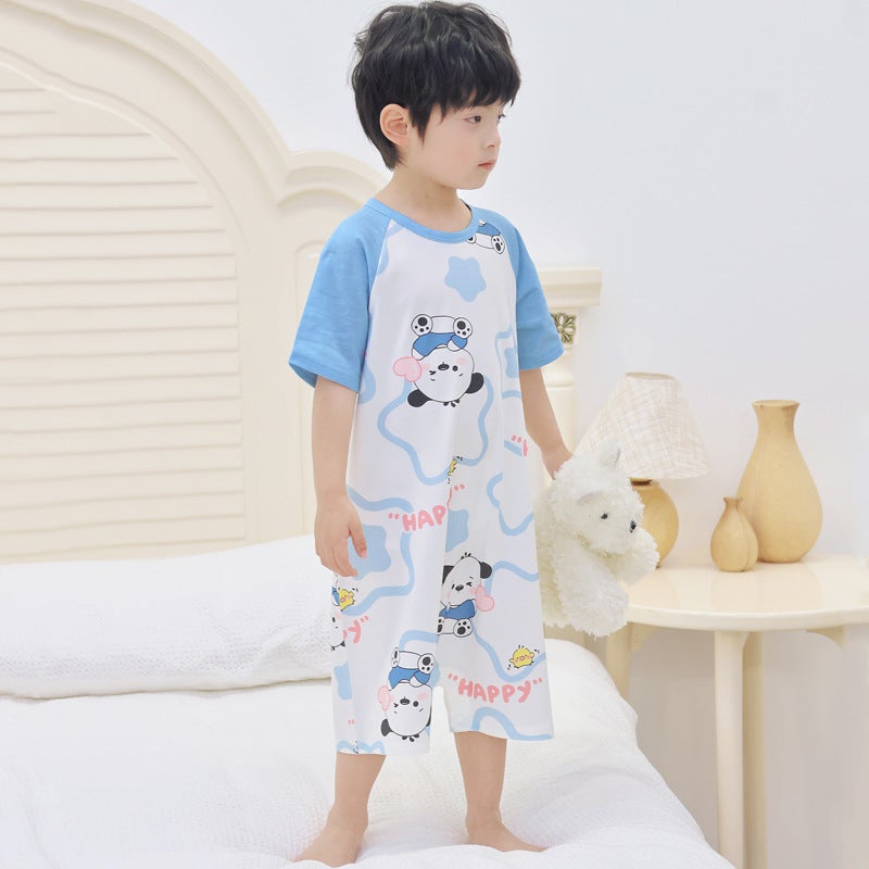 3-12-Year-Old Cuhk Summer Short-Sleeved Cotton Conjoined Belly-Protecting Leg Kick-Preventing Sleeping Bag 80-150Cm Comfortable Nightgown - Image 5