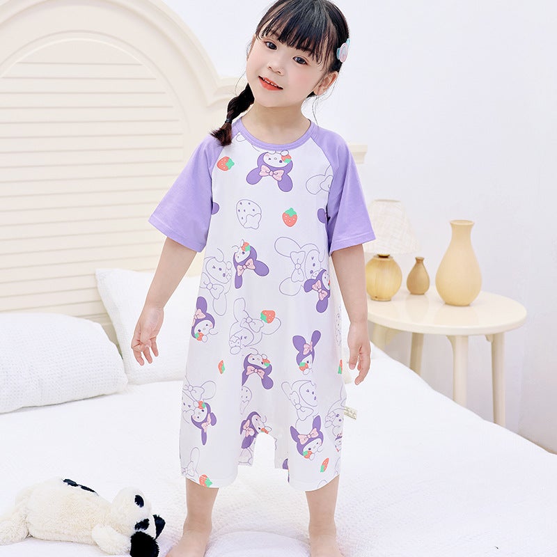3-12-Year-Old Cuhk Summer Short-Sleeved Cotton Conjoined Belly-Protecting Leg Kick-Preventing Sleeping Bag 80-150Cm Comfortable Nightgown - Image 4