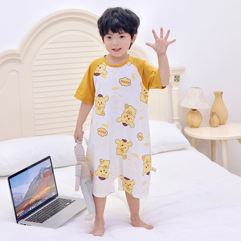 3-12-Year-Old Cuhk Summer Short-Sleeved Cotton Conjoined Belly-Protecting Leg Kick-Preventing Sleeping Bag 80-150Cm Comfortable Nightgown - Image 3
