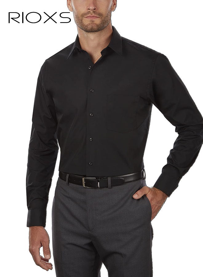 ريوكس قميص رجالي أسود فاخر للرجال، قميص عمل بأكمام طويلة بأكمام طويلة ومريحة، ملابس مكتبية مريحة غير مزعجة مع ياقة بأزرار لأسفل، قميص رسمي مقاوم للتجاعيد عالي الجودة، ملابس عمل فاخرة تسمح بمرور الهواء للرجال المحترفين - Image 1