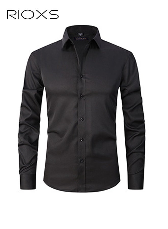 ريوكس قميص رجالي أسود فاخر للرجال، قميص عمل بأكمام طويلة بأكمام طويلة ومريحة، ملابس مكتبية مريحة غير مزعجة مع ياقة بأزرار لأسفل، قميص رسمي مقاوم للتجاعيد عالي الجودة، ملابس عمل فاخرة تسمح بمرور الهواء للرجال المحترفين - Image 3