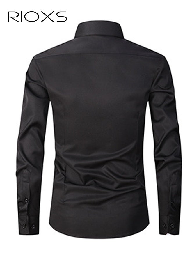 ريوكس قميص رجالي أسود فاخر للرجال، قميص عمل بأكمام طويلة بأكمام طويلة ومريحة، ملابس مكتبية مريحة غير مزعجة مع ياقة بأزرار لأسفل، قميص رسمي مقاوم للتجاعيد عالي الجودة، ملابس عمل فاخرة تسمح بمرور الهواء للرجال المحترفين - Image 4