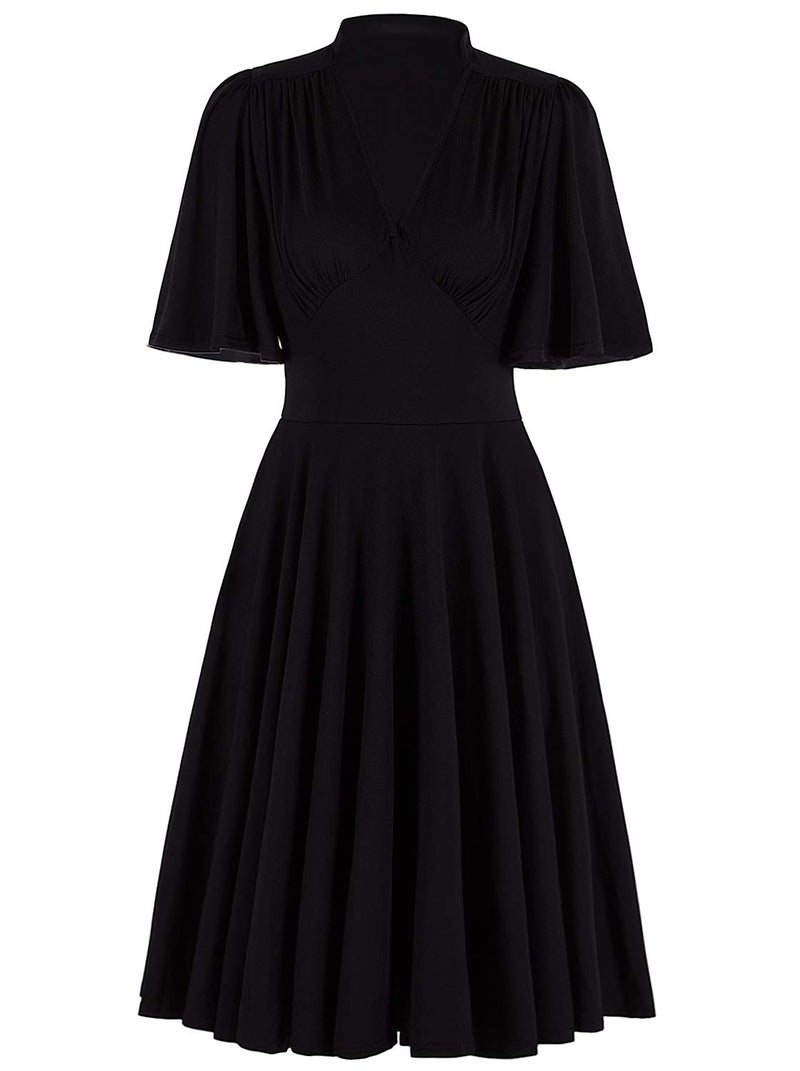 Vijiv Womens Vintage 1920s V Neck Rockabilly Swing Evening Party Cocktail Dress with Sleeves Roaring 20s Black