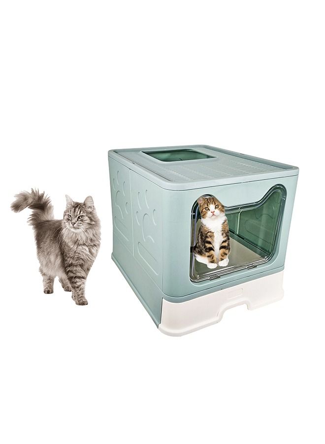 Cat Litter Box, Large Cat Litter Box with Plastic Scoop, Jumbo Kitty Litter Box, Lid on Entrance, Fully Enclosed, Easy Clean, No Smell, For Indoor & Outdoor, Blue Color, Large Size, 50 Cm Length