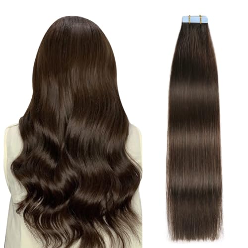 SUYYA Tape in Hair Extensions Human Hair 100% Real Human Hair 16 inches 20pcs 40g/pack Straight Seamless Skin Weft Tape in Human Hair Extensions(16 inches #2) 2# Darkest Brown - Image 1