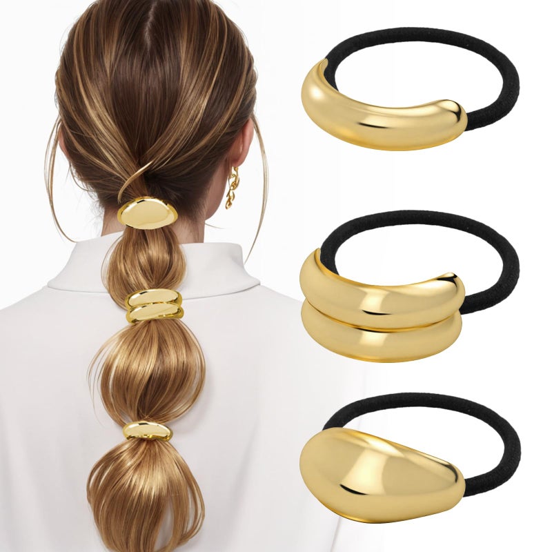 JIRIS 3PCS Metal Hair Tie For Women,Gold Cuffs,Metal Geometric Gold Hair Ties, Hair Accessories Stretchy and Non-Damage Ponytail Holders,Ponytail Cuff Hair Bands For Hair Styling (SET4) - Image 1