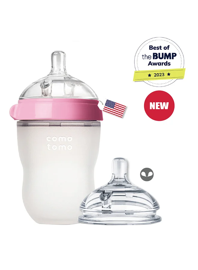 comotomo Natural Feel Baby Bottle 250 ML With Pack Of 2 Natural Teat Silicone Nipples, 2 Holes With Medium Flow,  3 Months +