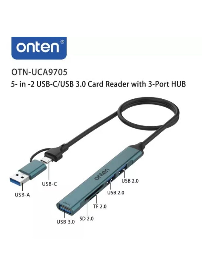 onten UCA9705 5-In-2 USB-C/USB 3.0 to Card Reader with 3-Port Hub, 1x USB 3.0 - 2x USB 2.0 - 1x SD Card Slot - 1x TF Card Slot - Image 2