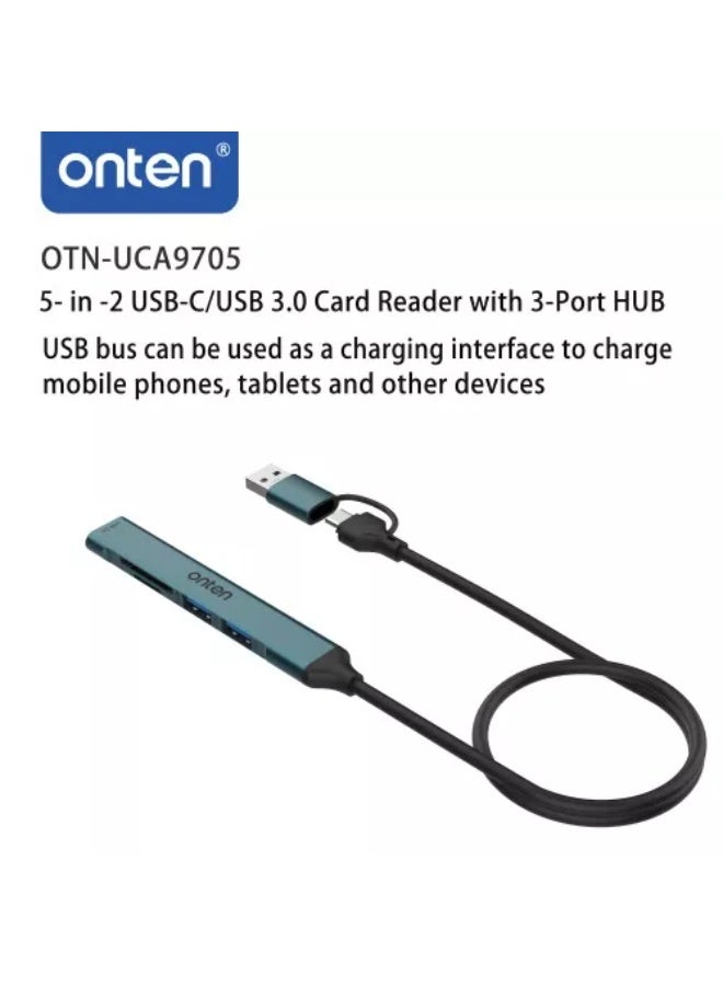 onten UCA9705 5-In-2 USB-C/USB 3.0 to Card Reader with 3-Port Hub, 1x USB 3.0 - 2x USB 2.0 - 1x SD Card Slot - 1x TF Card Slot - Image 4