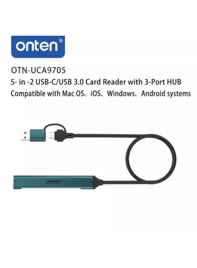 onten UCA9705 5-In-2 USB-C/USB 3.0 to Card Reader with 3-Port Hub, 1x USB 3.0 - 2x USB 2.0 - 1x SD Card Slot - 1x TF Card Slot - Image 5