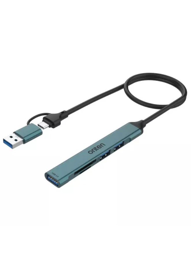 onten UCA9705 5-In-2 USB-C/USB 3.0 to Card Reader with 3-Port Hub, 1x USB 3.0 - 2x USB 2.0 - 1x SD Card Slot - 1x TF Card Slot - Image 1