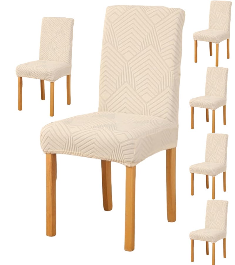 Styleys Elastic Jacquard Chair Covers for Dining Room Removable Washable Chair Cover Protector Slipcovers (Pack of 6, Ivory, JSMC3) - Image 1