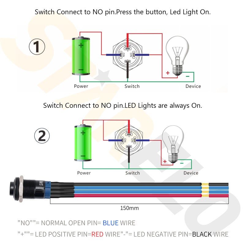 STARELO 5pcs 12mm Latching led Push Button Switch Black Shell with pre-Wiring, IP65 Waterproof Push Button Switch,1NO 1 Normally,Self-Locking with LED(Blue). - Image 3