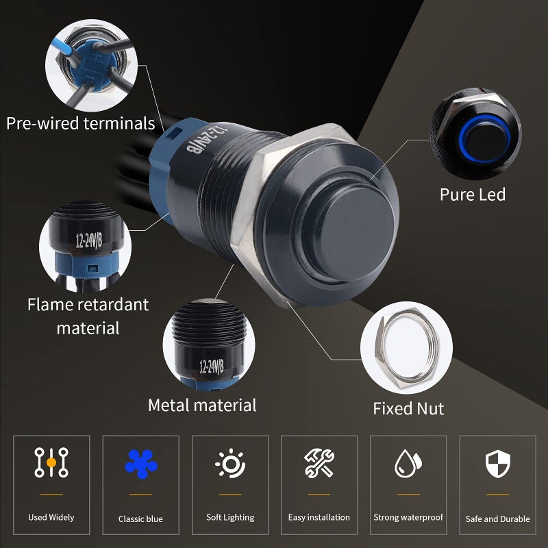 STARELO 5pcs 12mm Latching led Push Button Switch Black Shell with pre-Wiring, IP65 Waterproof Push Button Switch,1NO 1 Normally,Self-Locking with LED(Blue). - Image 4