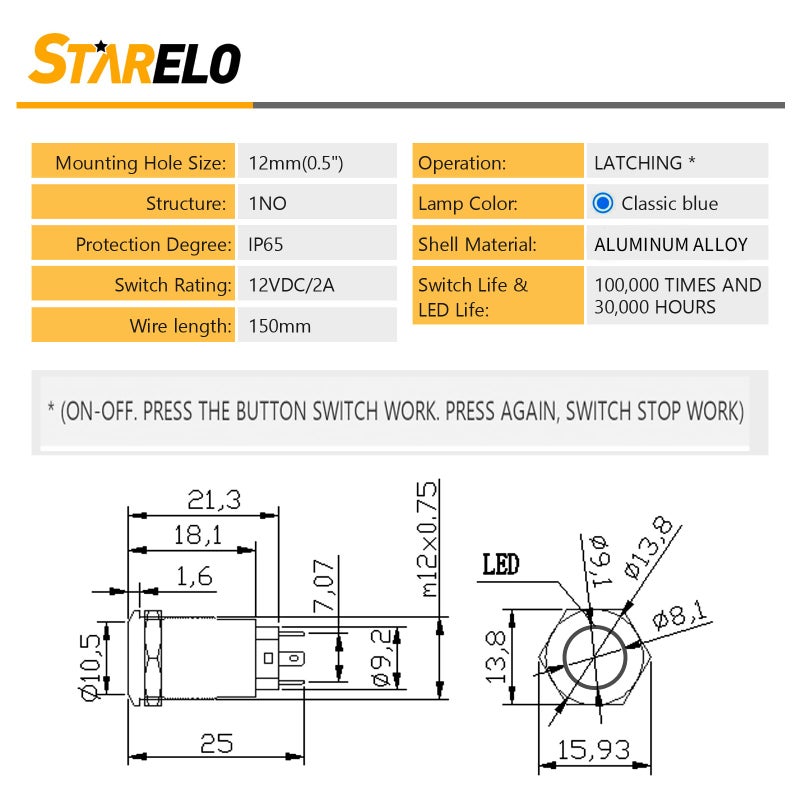 STARELO 5pcs 12mm Latching led Push Button Switch Black Shell with pre-Wiring, IP65 Waterproof Push Button Switch,1NO 1 Normally,Self-Locking with LED(Blue). - Image 2