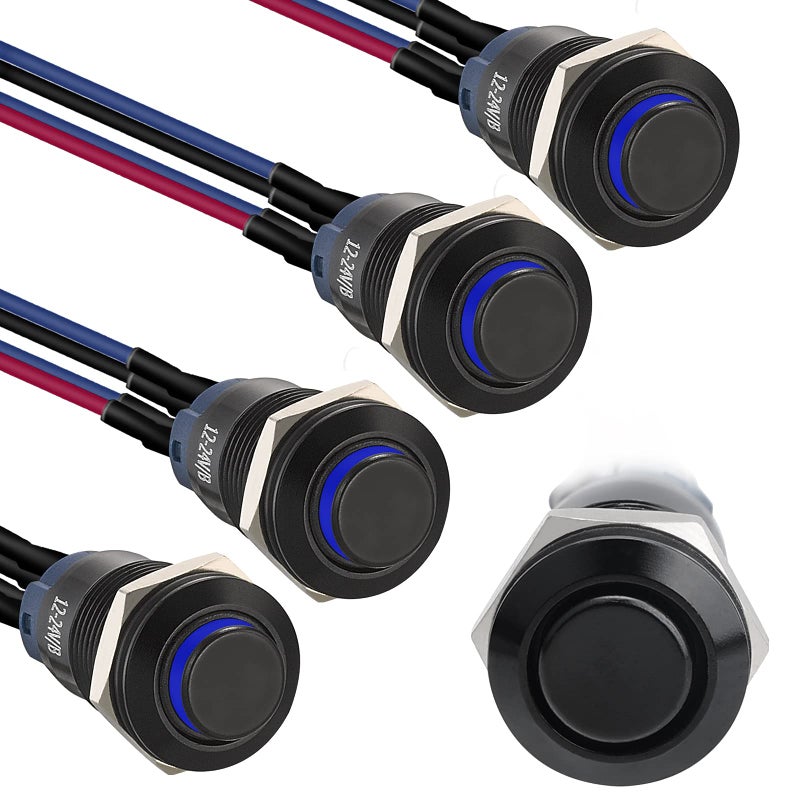 STARELO 5pcs 12mm Latching led Push Button Switch Black Shell with pre-Wiring, IP65 Waterproof Push Button Switch,1NO 1 Normally,Self-Locking with LED(Blue). - Image 1
