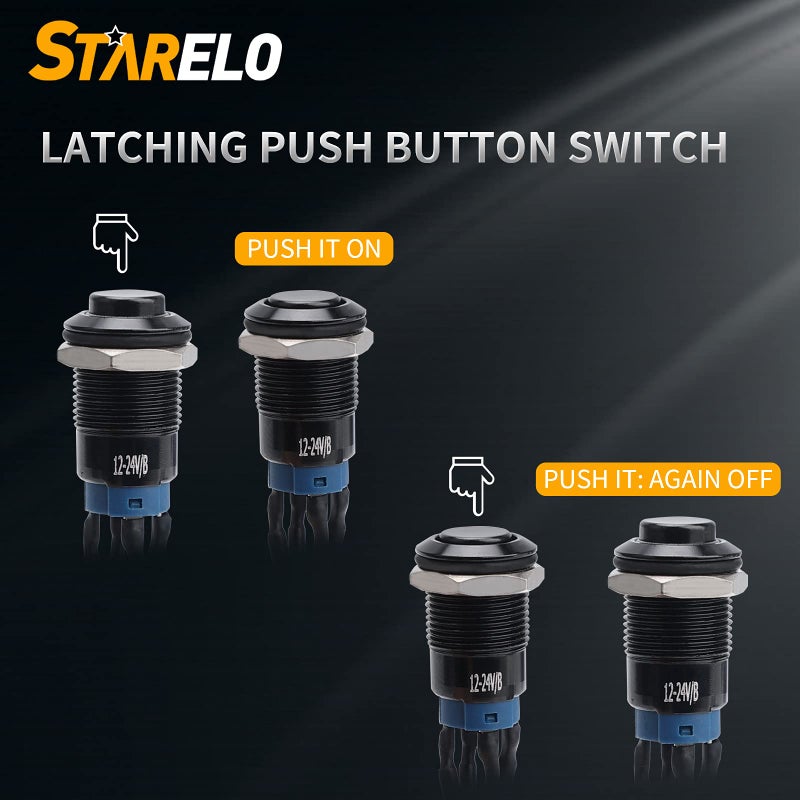 STARELO 5pcs 12mm Latching led Push Button Switch Black Shell with pre-Wiring, IP65 Waterproof Push Button Switch,1NO 1 Normally,Self-Locking with LED(Blue). - Image 5