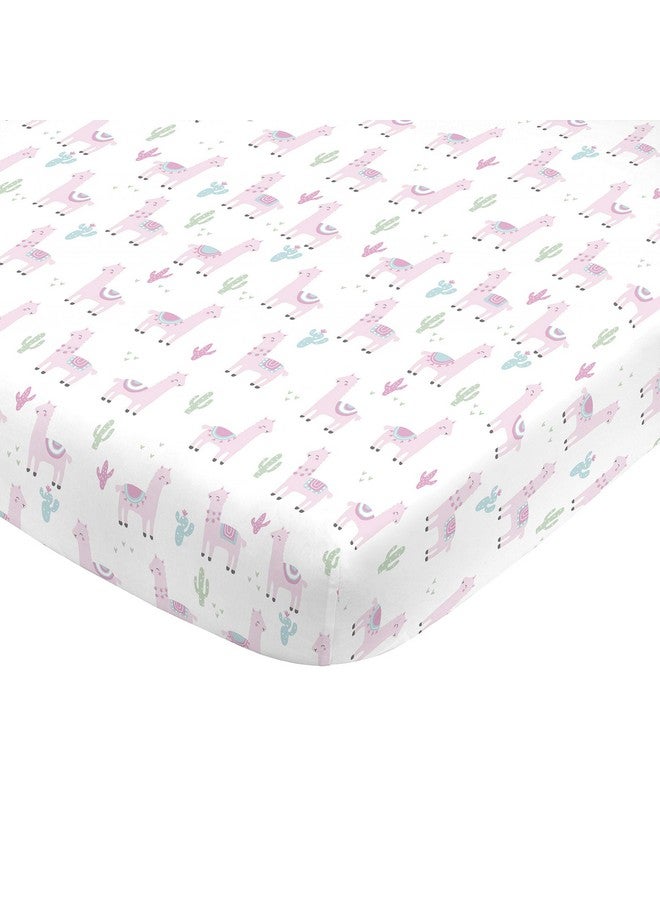 NoJo Super Soft Pink Llama Nursery Mini Crib Fitted Sheet, Pink, White, Green - Image 1